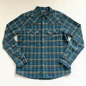 Stio Men Teal Blue Green Plaid Organic Cotton Junction Midweight Flannel Shirt M